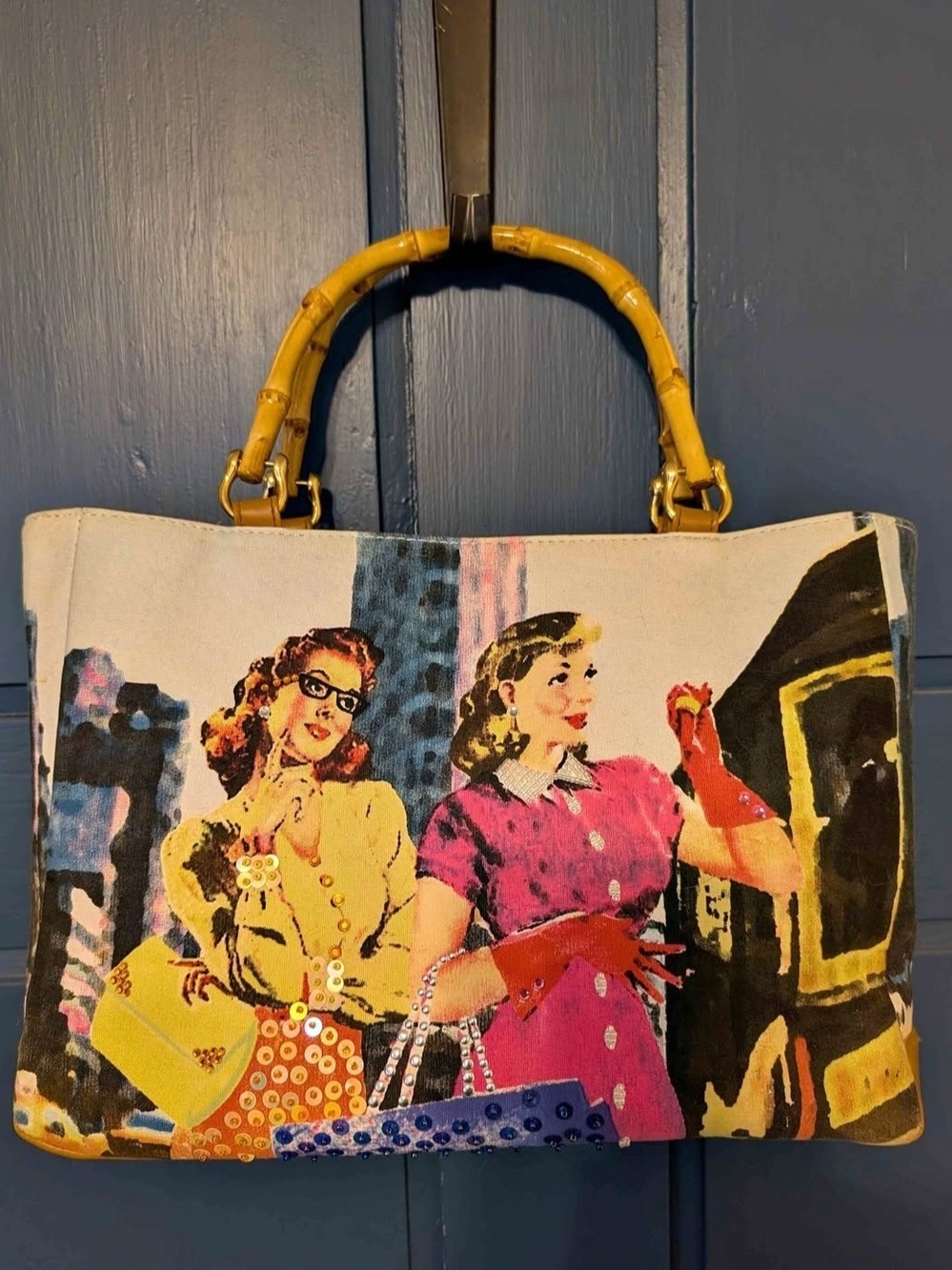 Vintage-Inspired Pink & Yellow Canvas Top-Handle Bag
